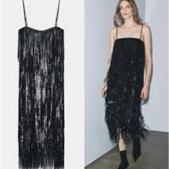 Zara Black Fringe Midi Dress - Picture 3 of 8